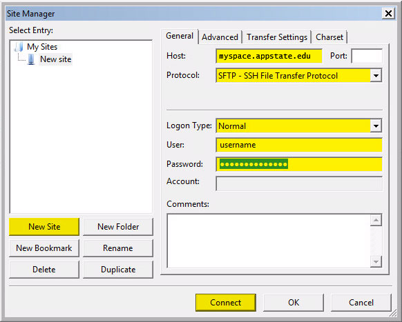 FileZilla Site Manager Window