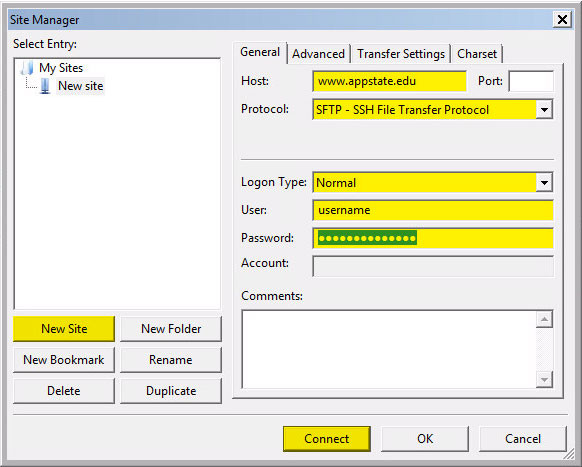 FileZilla Site Manager Window